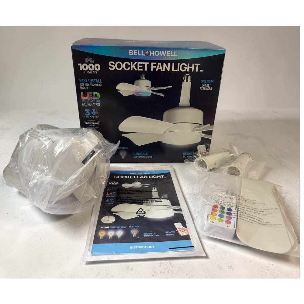 Bell+Howell 1000 Lumens Socket Fan Light LED RGB Multicolor Remote 2478ENCE